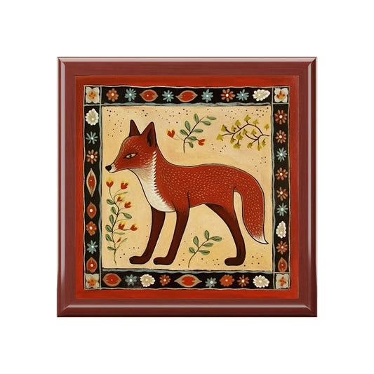 Rustic Folk Art Fox Design Wooden Keepsake Jewelry Box