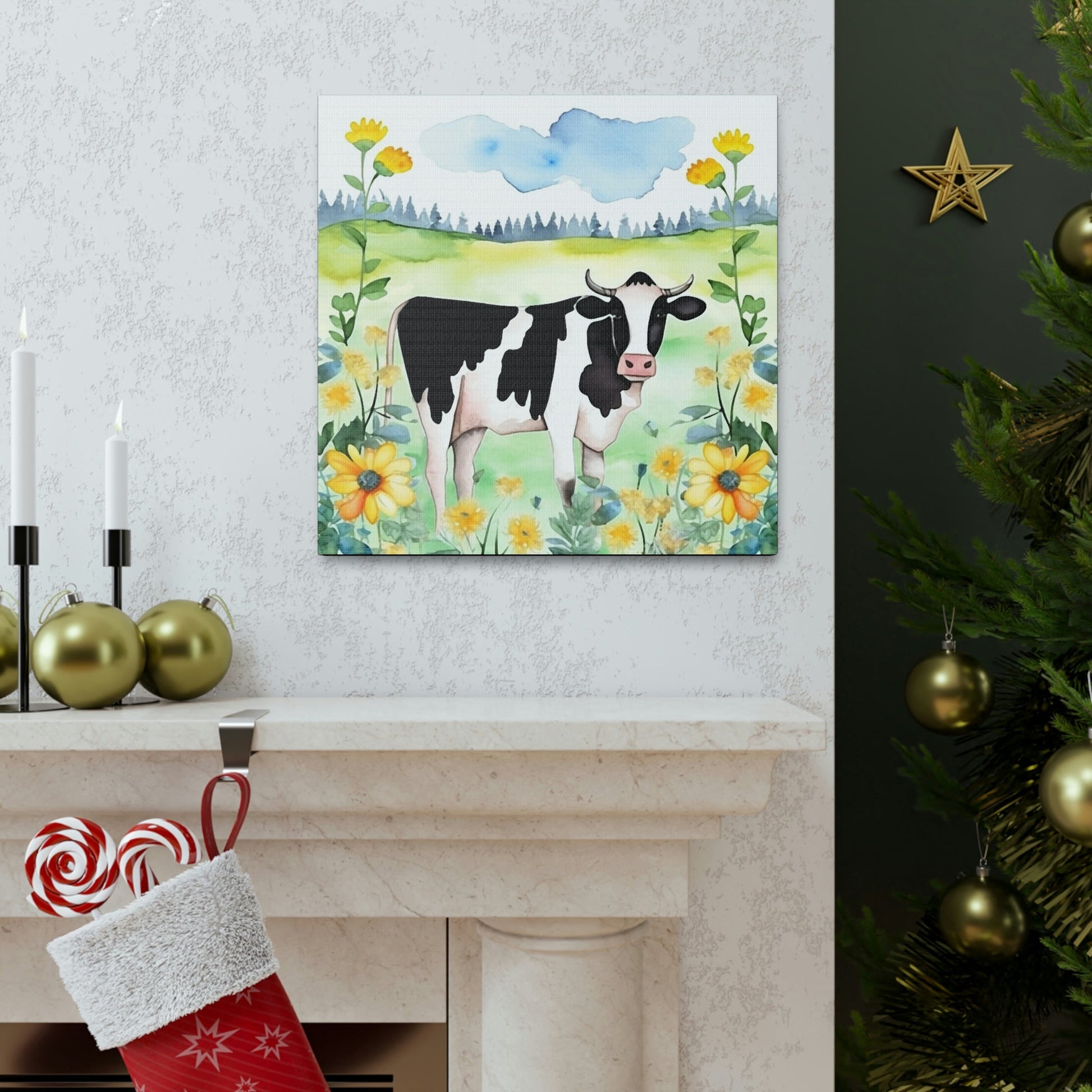 Rustic Folk Art Holstein Cow in Field Canvas Gallery Wraps - Perfect Gift for Your Country Farm Friends