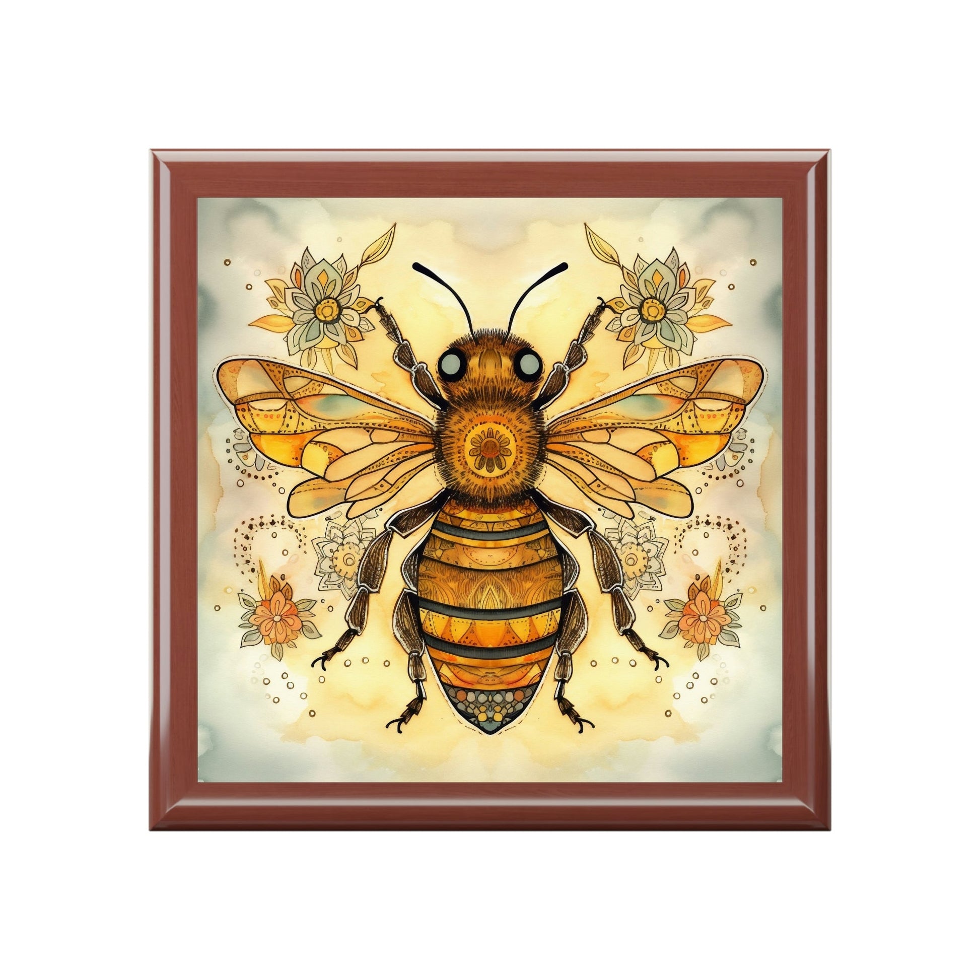 Rustic Folk Art Honey Bee Design Wooden Keepsake Jewelry Box
