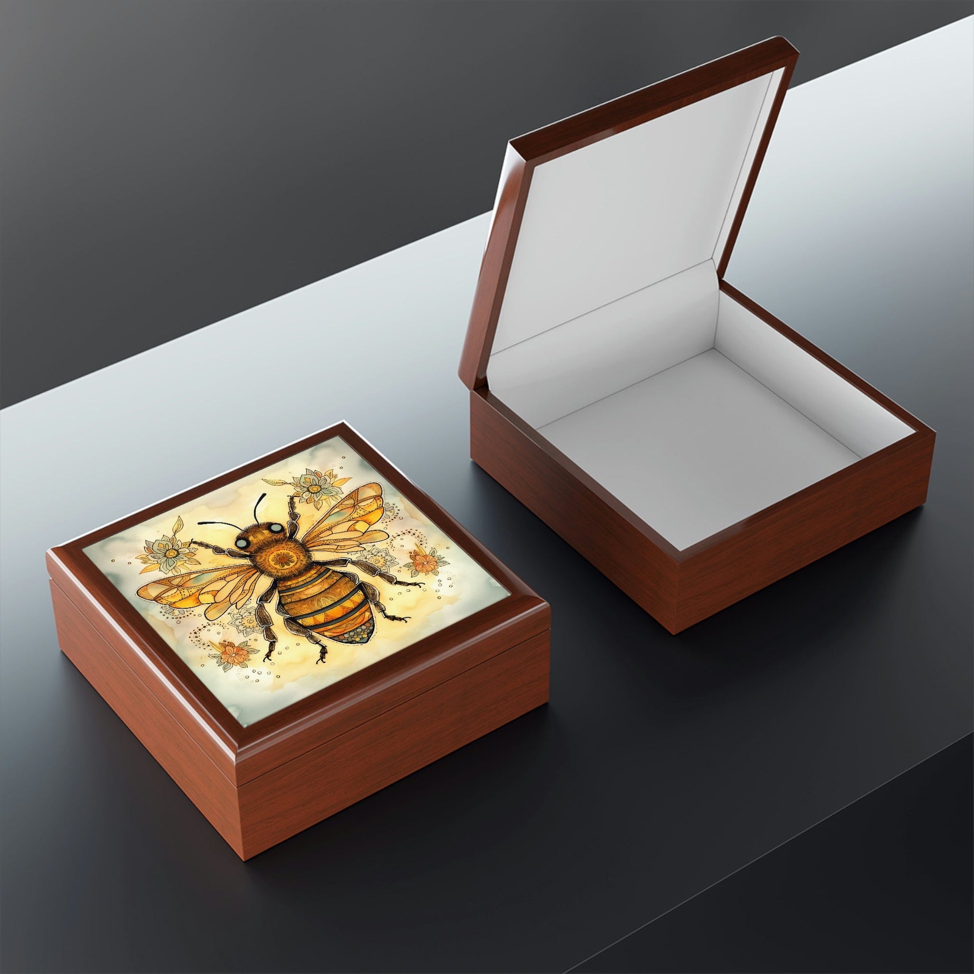 Rustic Folk Art Honey Bee Design Wooden Keepsake Jewelry Box