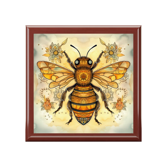 Rustic Folk Art Honey Bee Design Wooden Keepsake Jewelry Box