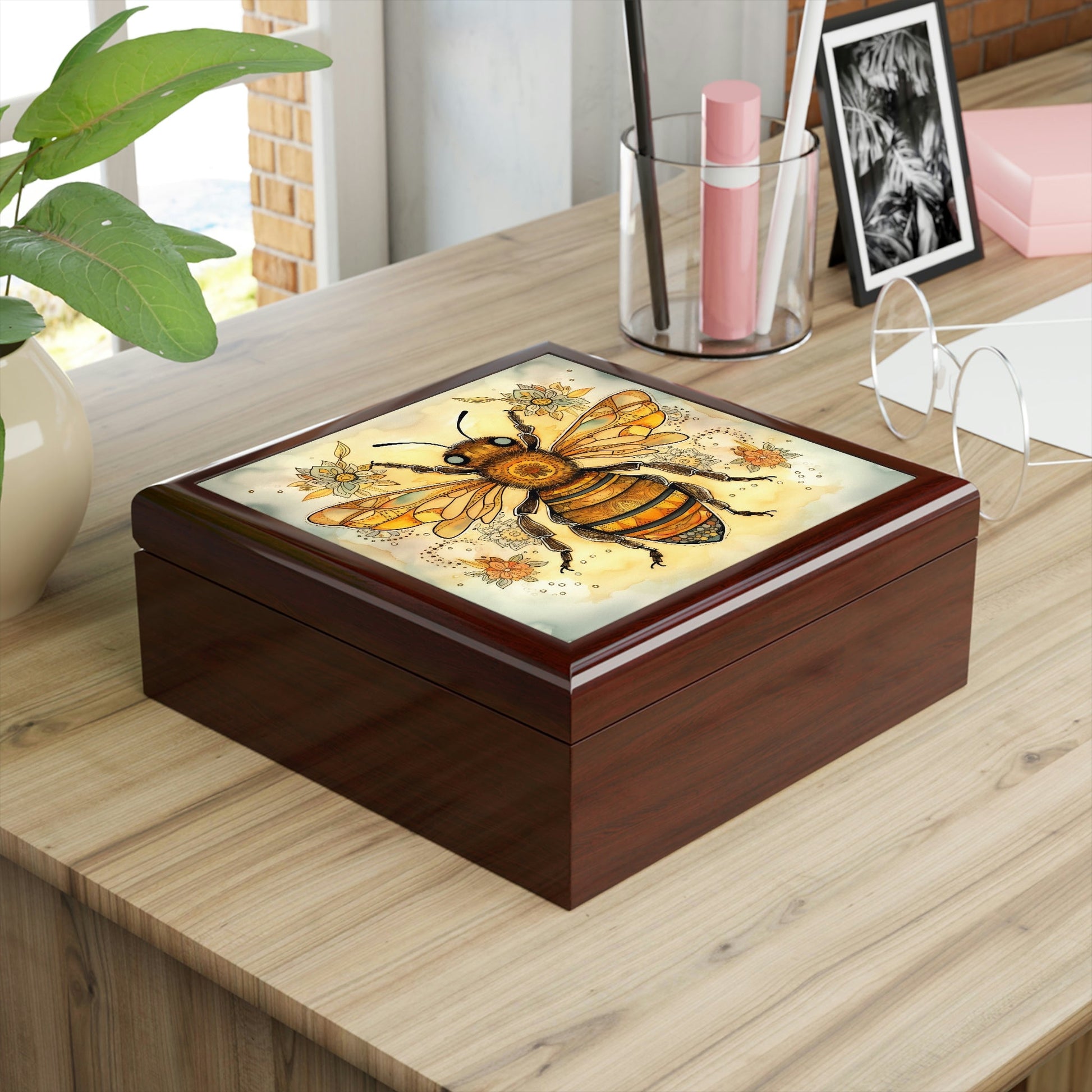 Rustic Folk Art Honey Bee Design Wooden Keepsake Jewelry Box