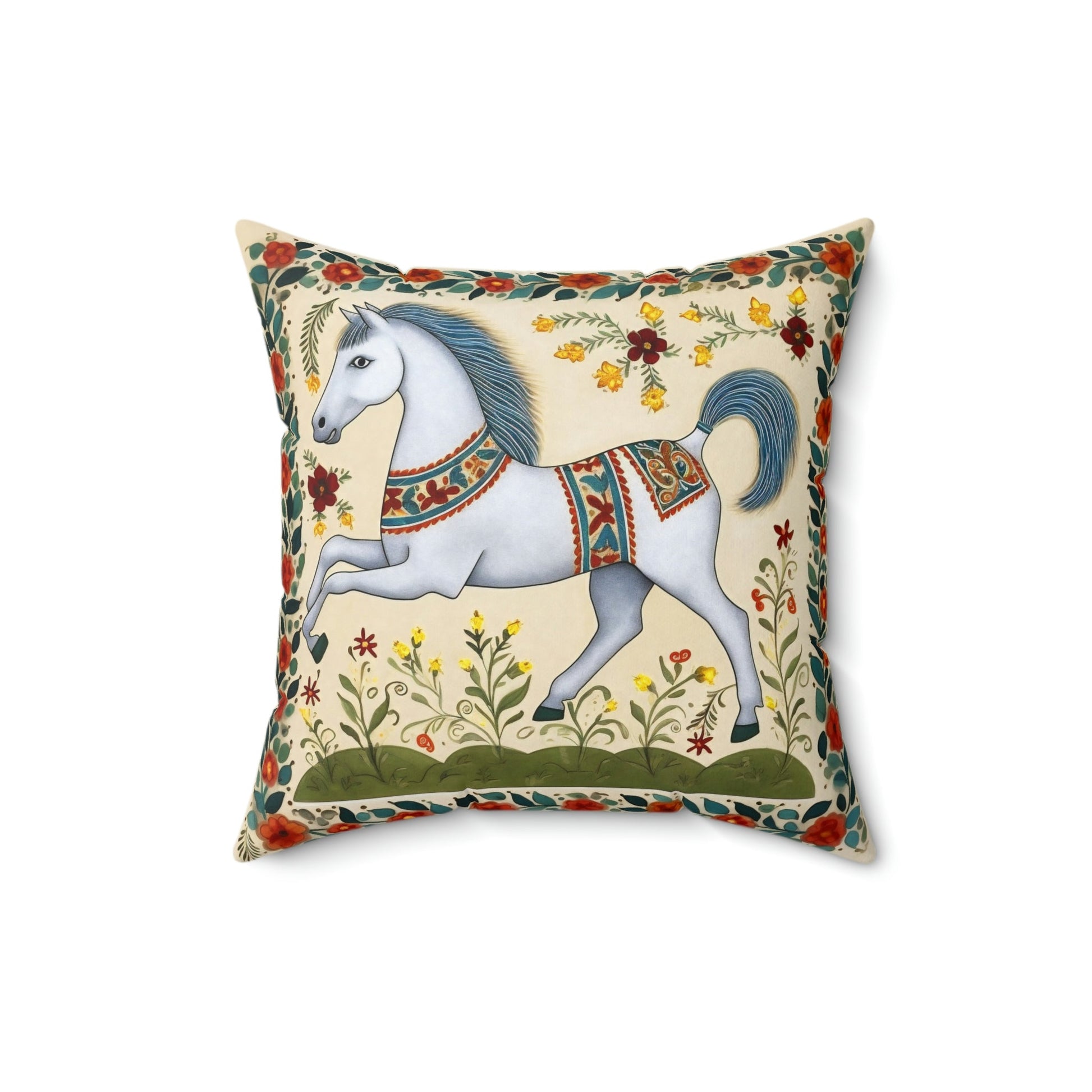 Rustic Folk Art Horse with Border Design Square Pillow - Cottagecore Country Farm Style Gift for Yourself or Loved Ones