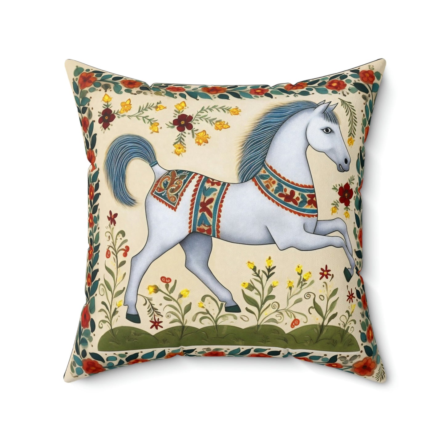 Rustic Folk Art Horse with Border Design Square Pillow - Cottagecore Country Farm Style Gift for Yourself or Loved Ones