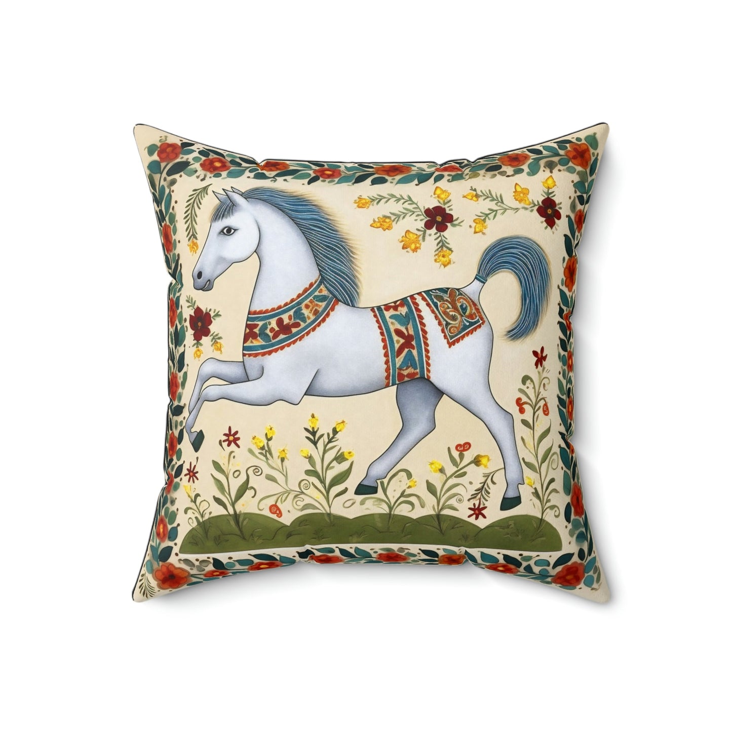 Rustic Folk Art Horse with Border Design Square Pillow - Cottagecore Country Farm Style Gift for Yourself or Loved Ones