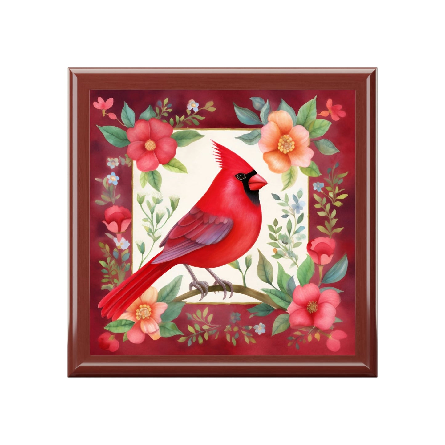 Rustic Folk Art Male Cardinal Design Wooden Keepsake Jewelry Box