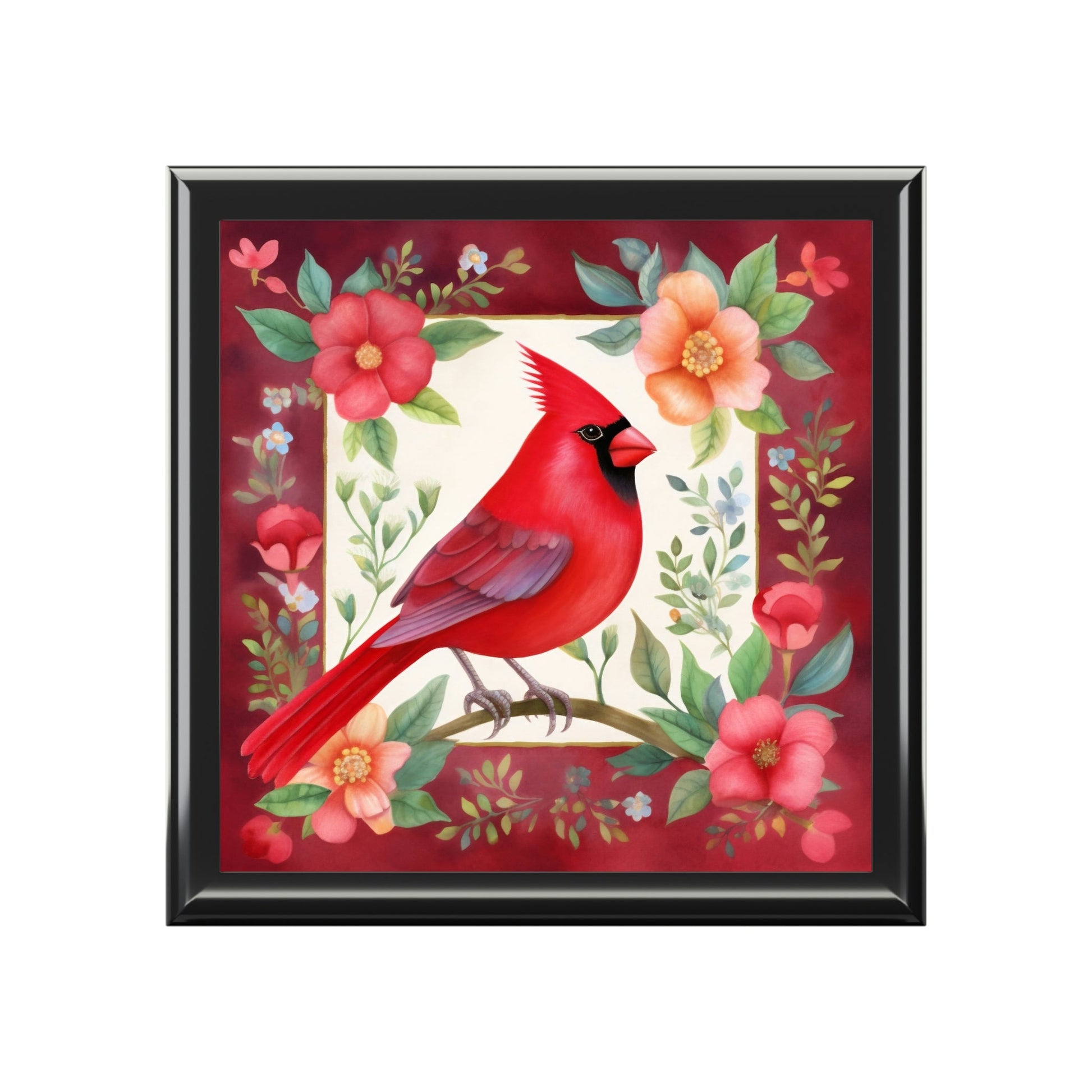 Rustic Folk Art Male Cardinal Design Wooden Keepsake Jewelry Box