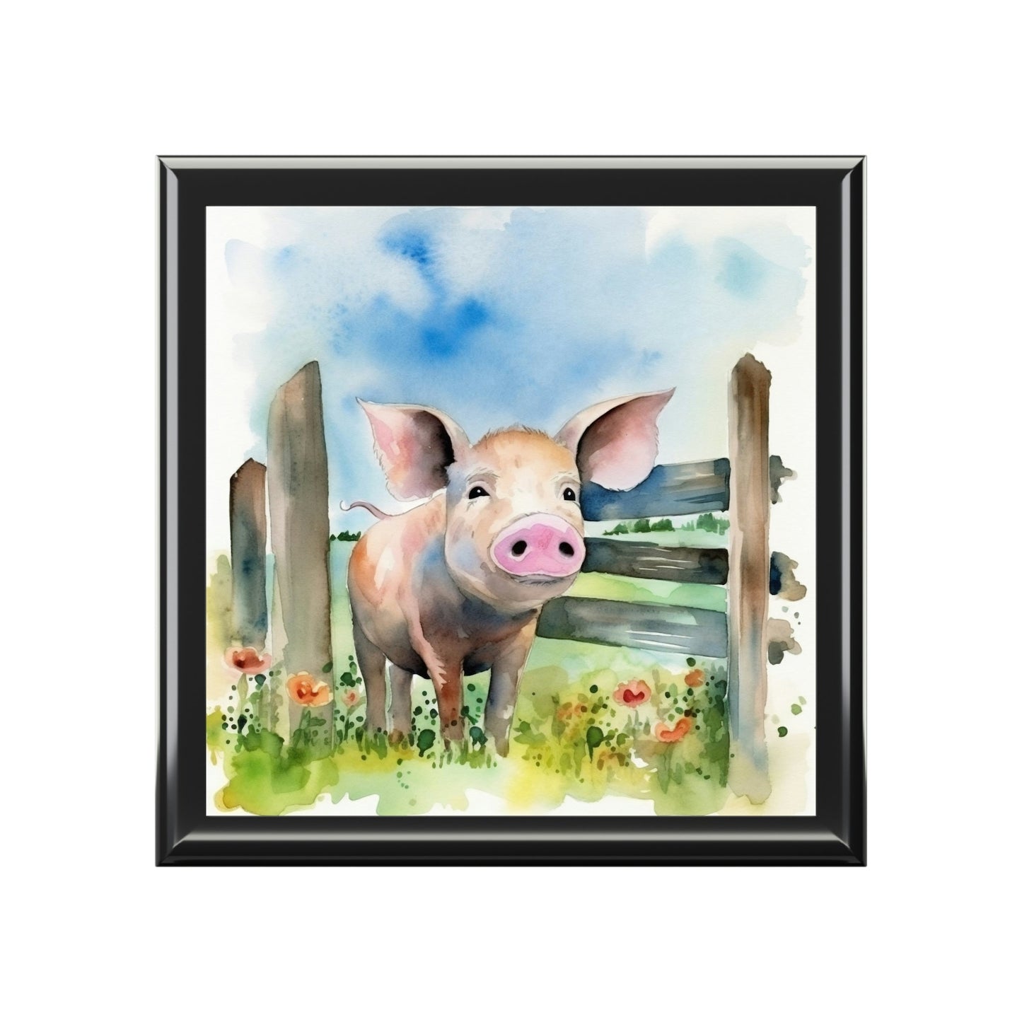 Rustic Folk Art Pig in Barnyard Portrait Design Wooden Keepsake Jewelry Box