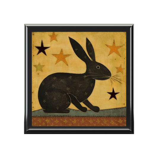 Rustic Folk Art Rabbit Design Wooden Keepsake Jewelry Box