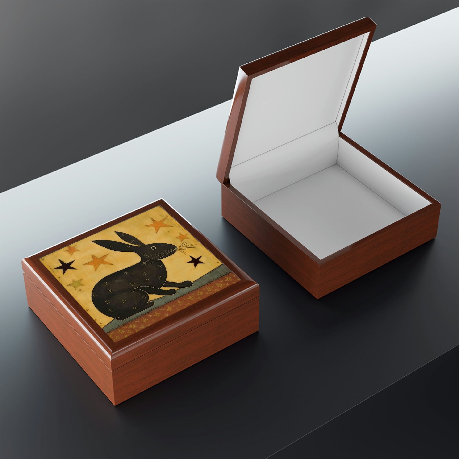 Rustic Folk Art Rabbit Design Wooden Keepsake Jewelry Box
