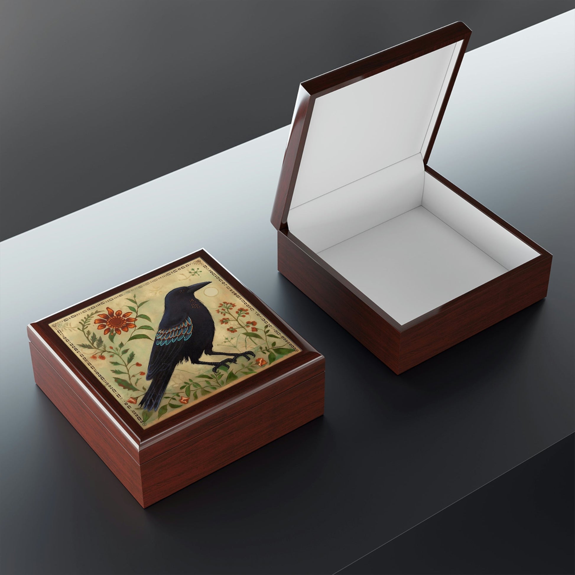 Rustic Folk Art Raven Design Wooden Keepsake Jewelry Box