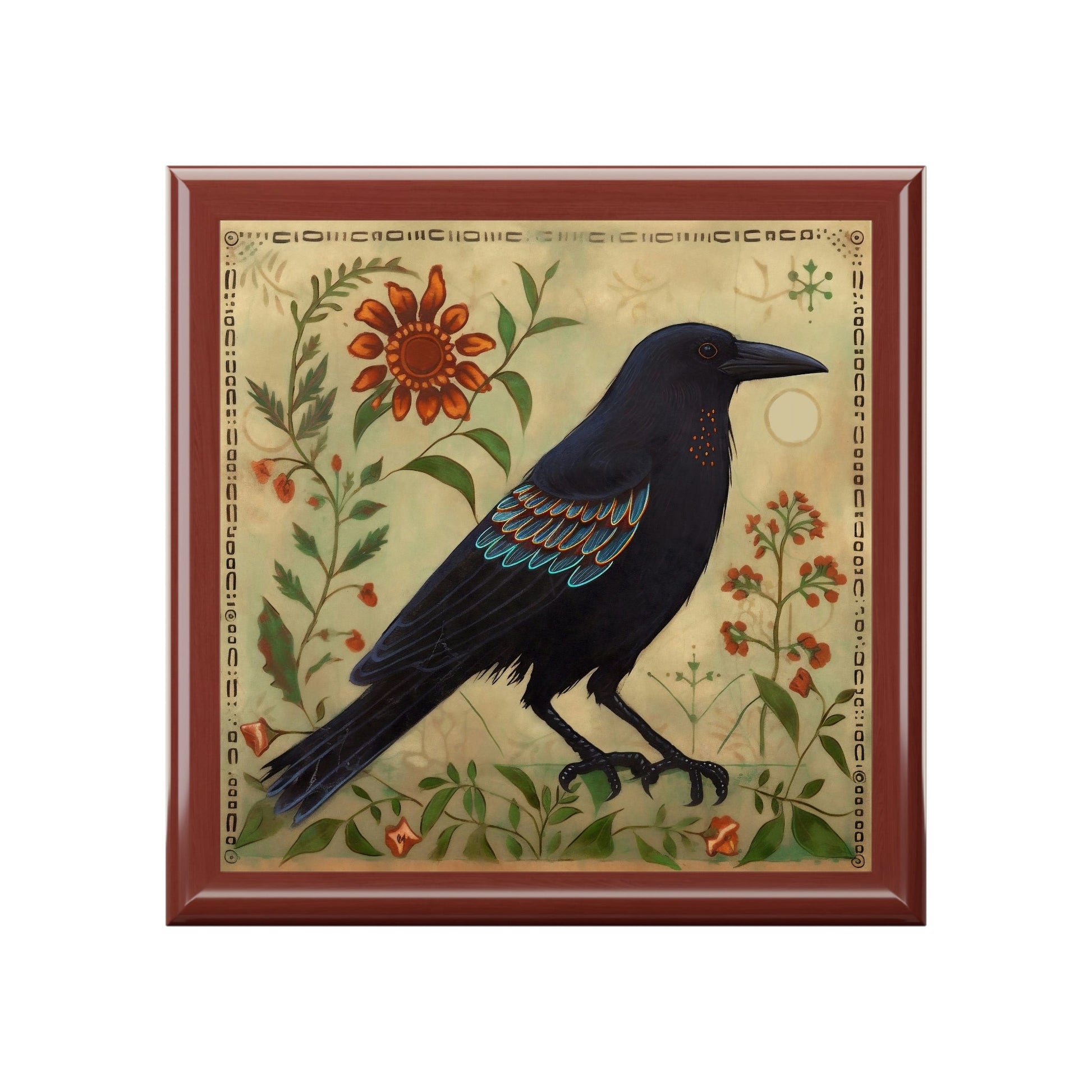 Rustic Folk Art Raven Design Wooden Keepsake Jewelry Box