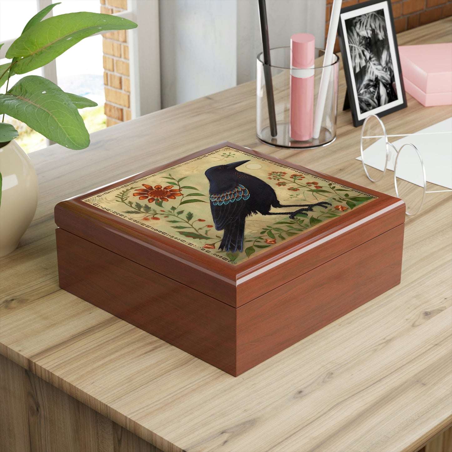 Rustic Folk Art Raven Design Wooden Keepsake Jewelry Box