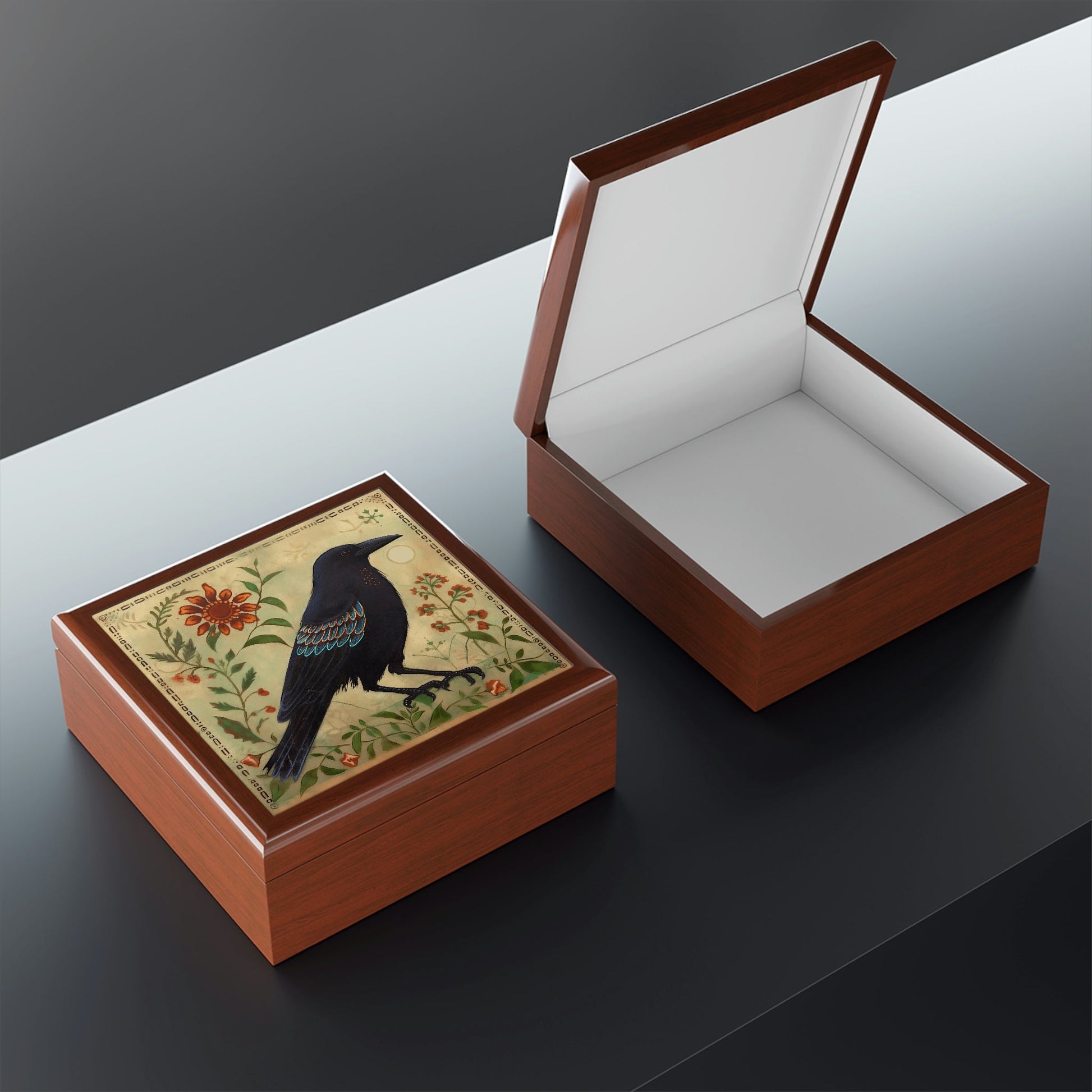 Rustic Folk Art Raven Design Wooden Keepsake Jewelry Box