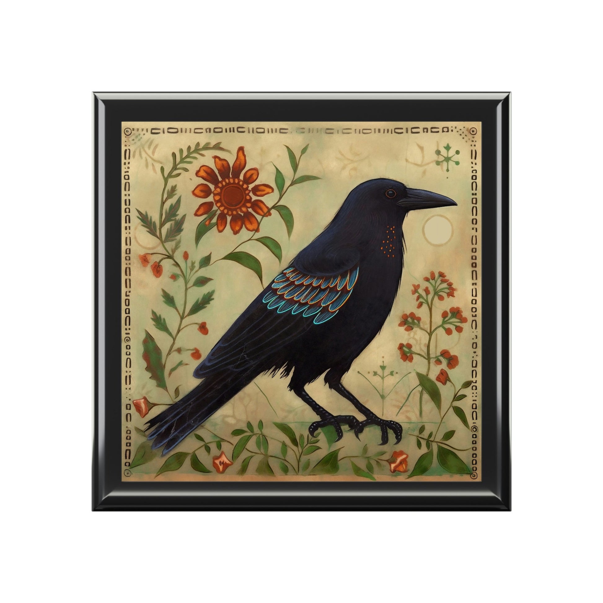 Rustic Folk Art Raven Design Wooden Keepsake Jewelry Box