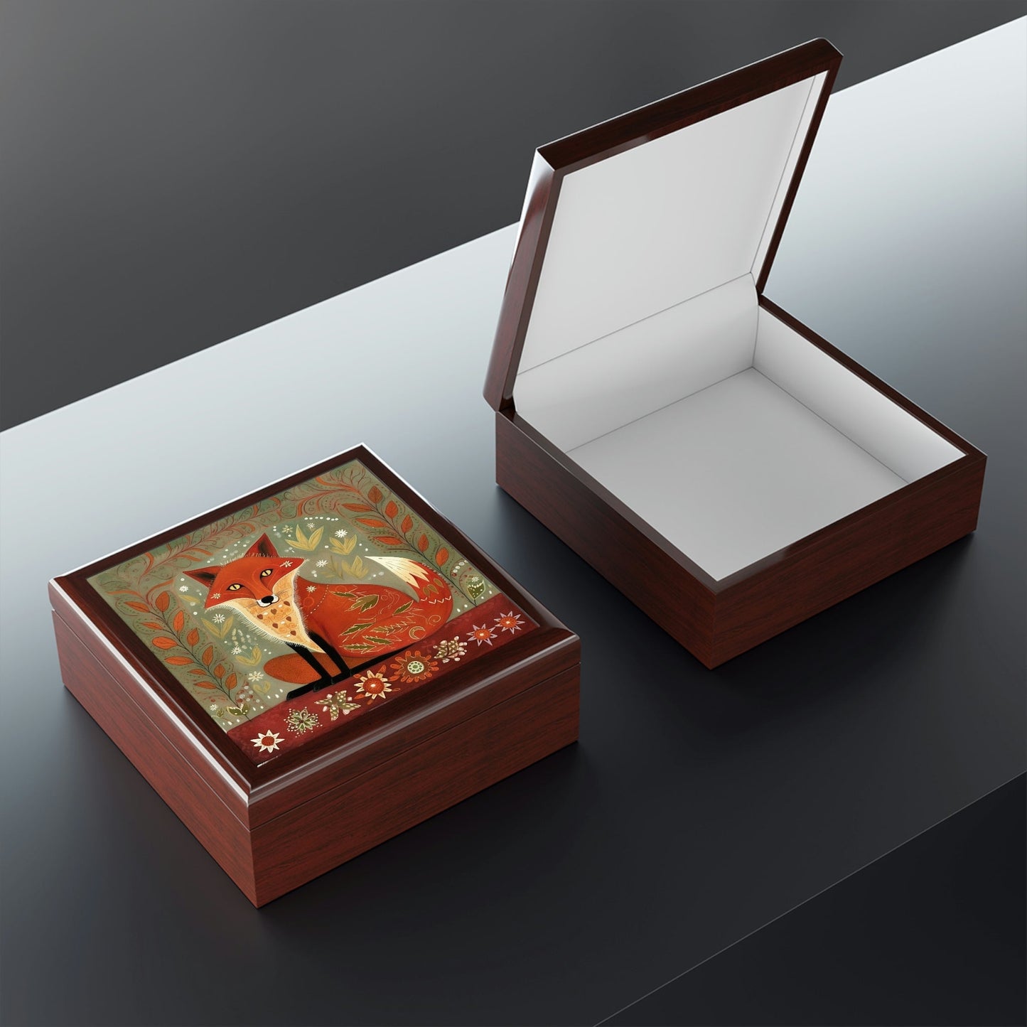 Rustic Folk Art Red Fox Design Wooden Keepsake Jewelry Box
