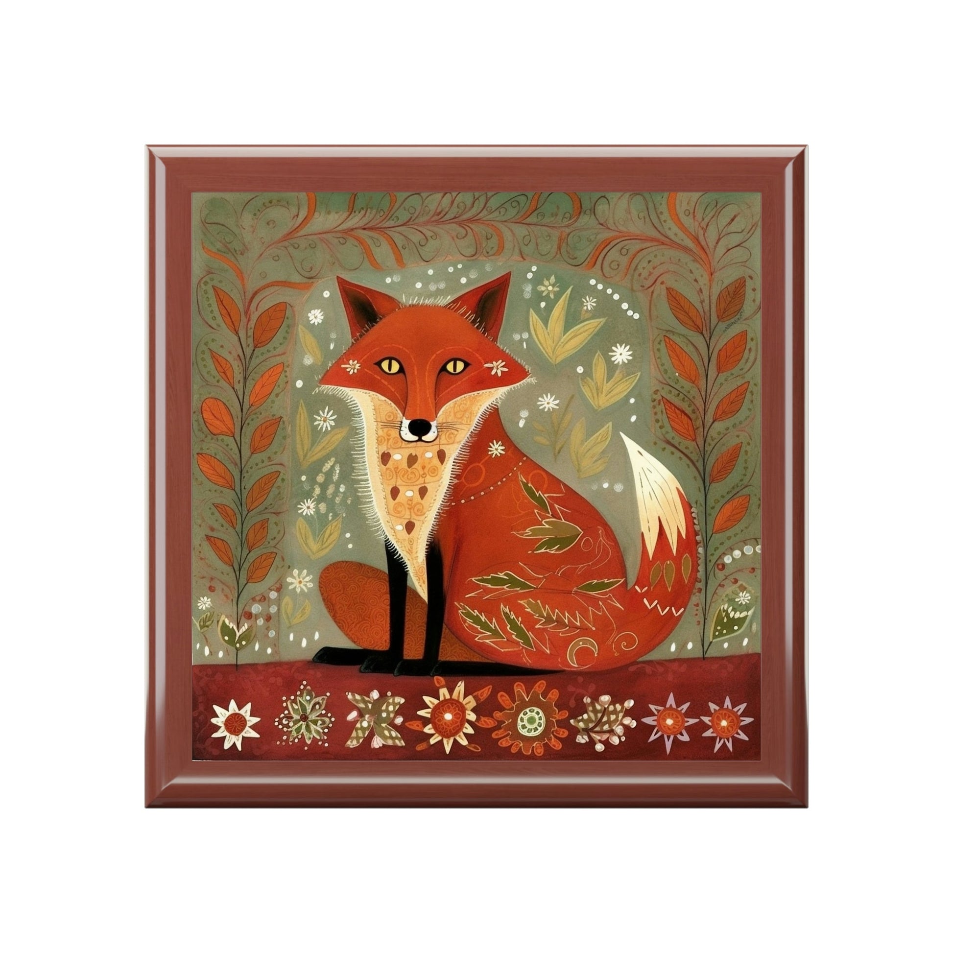 Rustic Folk Art Red Fox Design Wooden Keepsake Jewelry Box