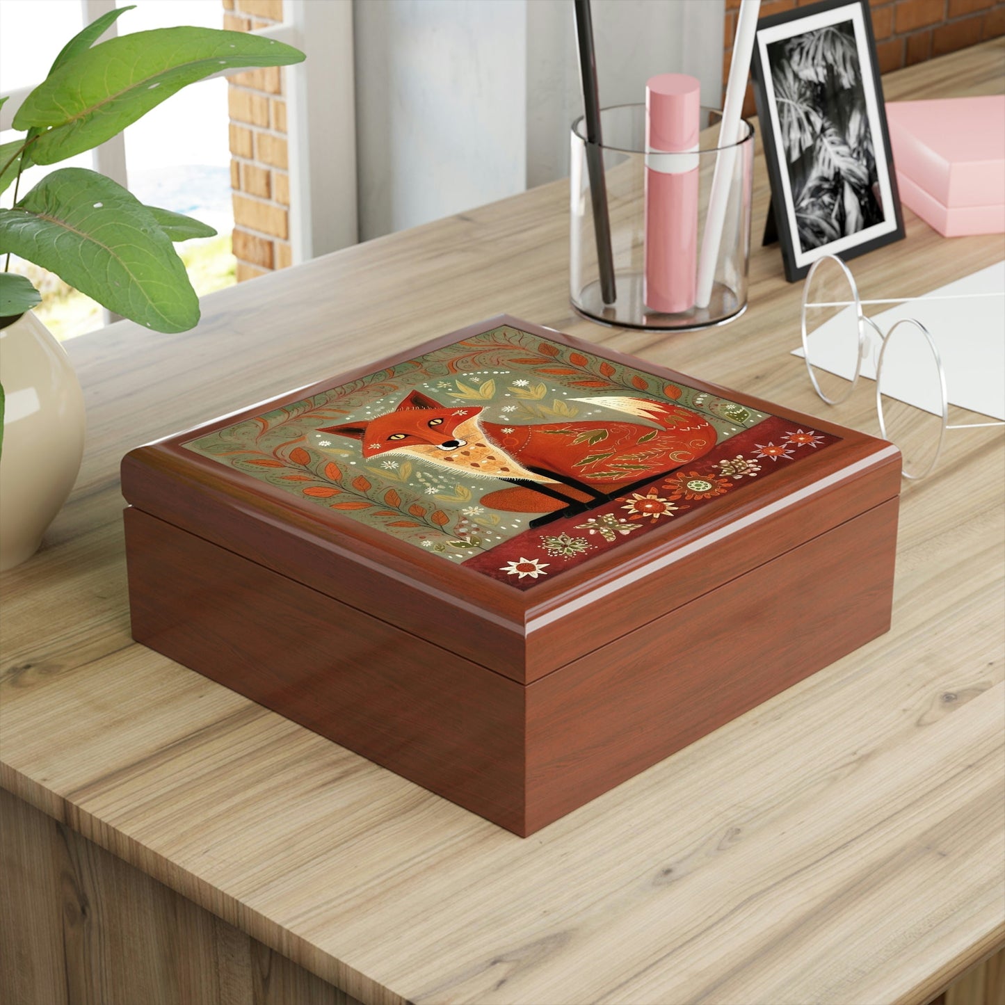 Rustic Folk Art Red Fox Design Wooden Keepsake Jewelry Box