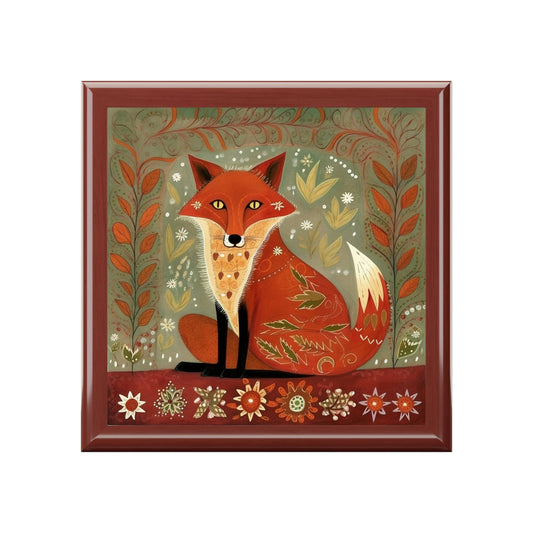 Rustic Folk Art Red Fox Design Wooden Keepsake Jewelry Box