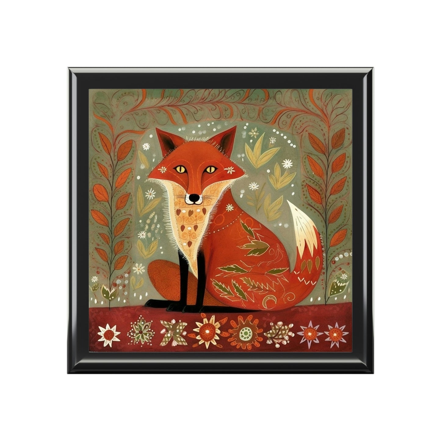 Rustic Folk Art Red Fox Design Wooden Keepsake Jewelry Box