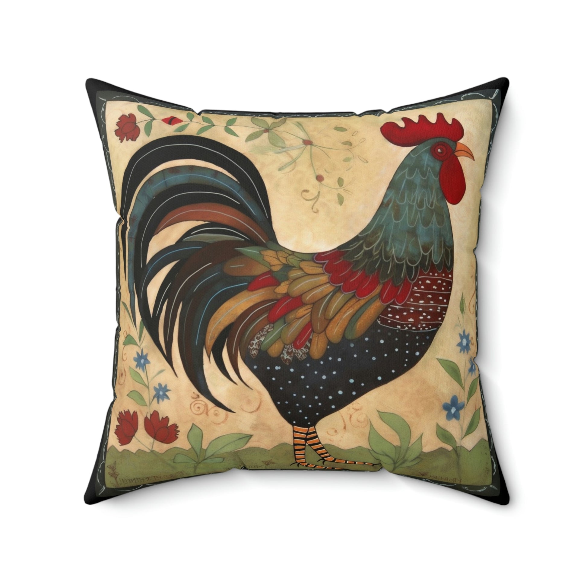Rustic Folk Art Rooster Design Square Pillow - Cottagecore Country Farm Style Gift for Yourself or Loved Ones