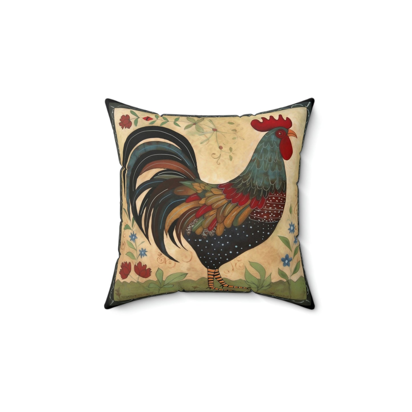 Rustic Folk Art Rooster Design Square Pillow - Cottagecore Country Farm Style Gift for Yourself or Loved Ones