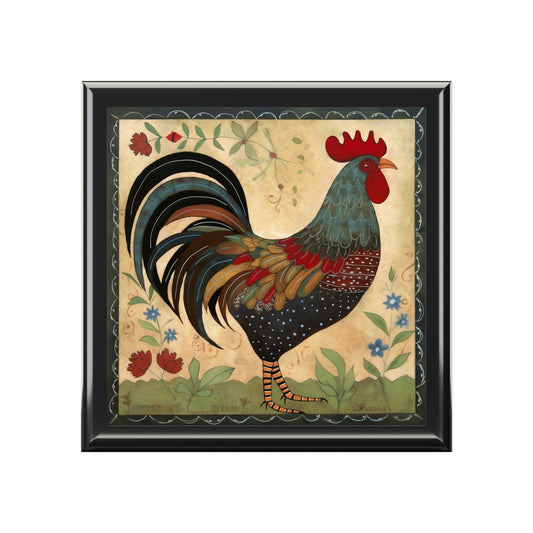 Rustic Folk Art Rooster Design Wooden Keepsake Jewelry Box