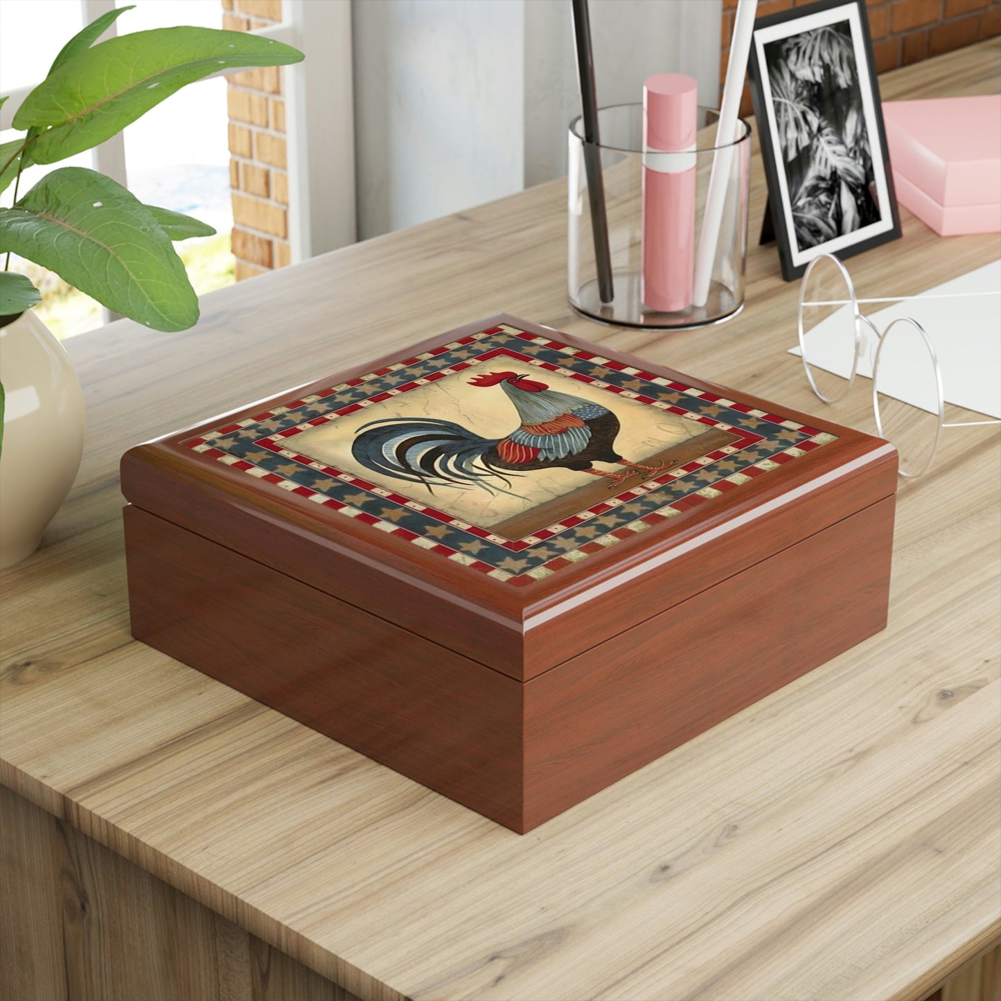 Rustic Folk Art Rooster Pattern Design Wooden Keepsake Jewelry Box