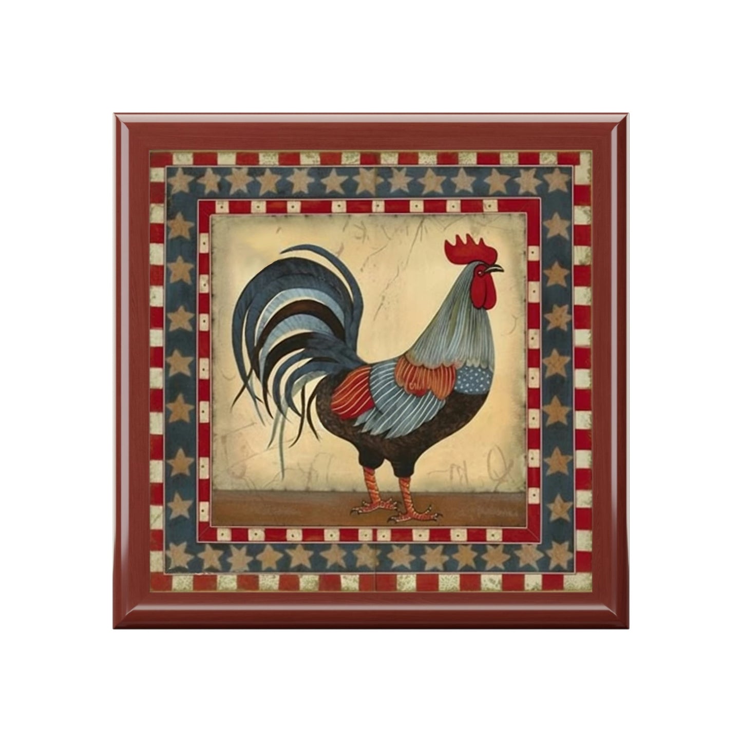 Rustic Folk Art Rooster Pattern Design Wooden Keepsake Jewelry Box