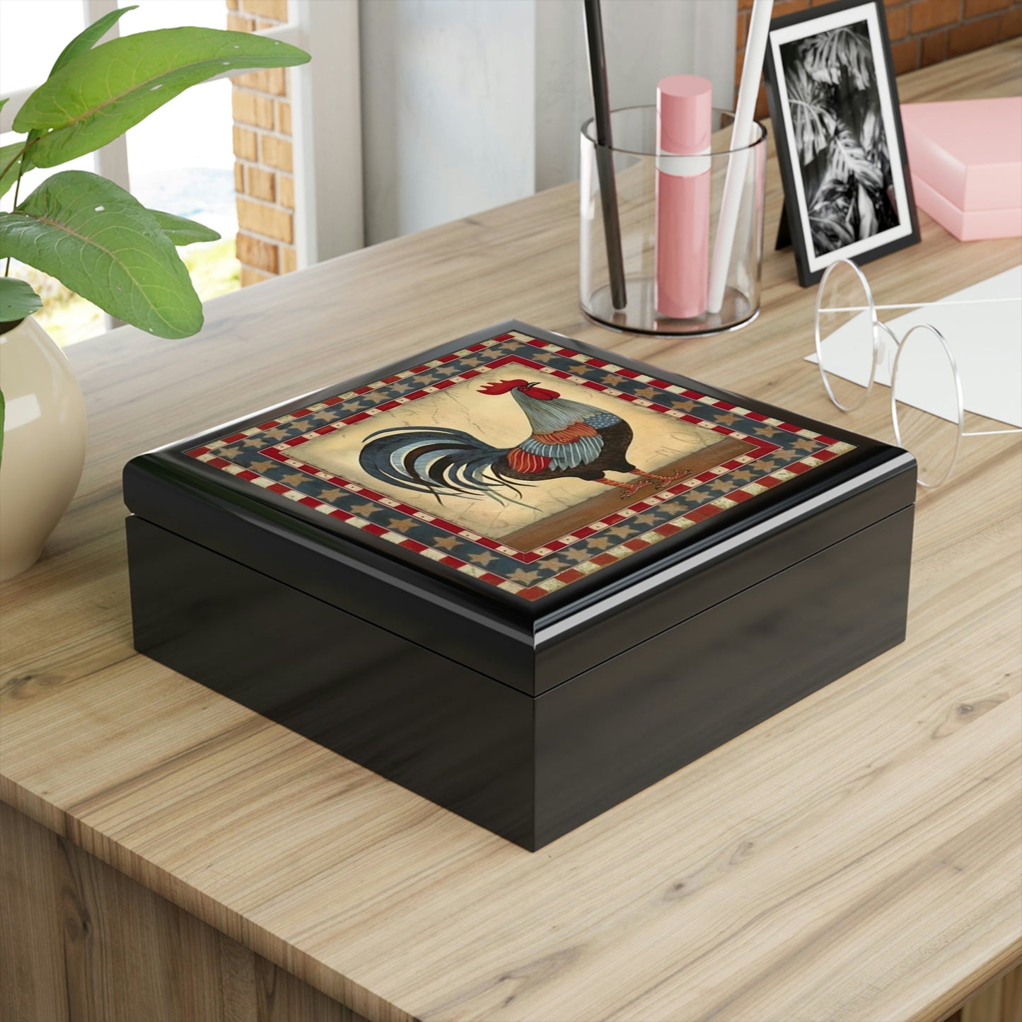 Rustic Folk Art Rooster Pattern Design Wooden Keepsake Jewelry Box