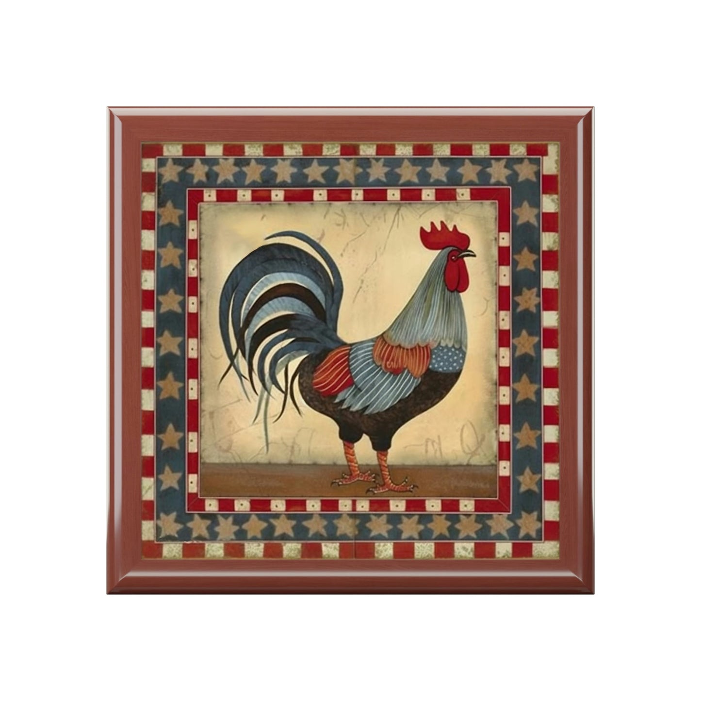 Rustic Folk Art Rooster Pattern Design Wooden Keepsake Jewelry Box