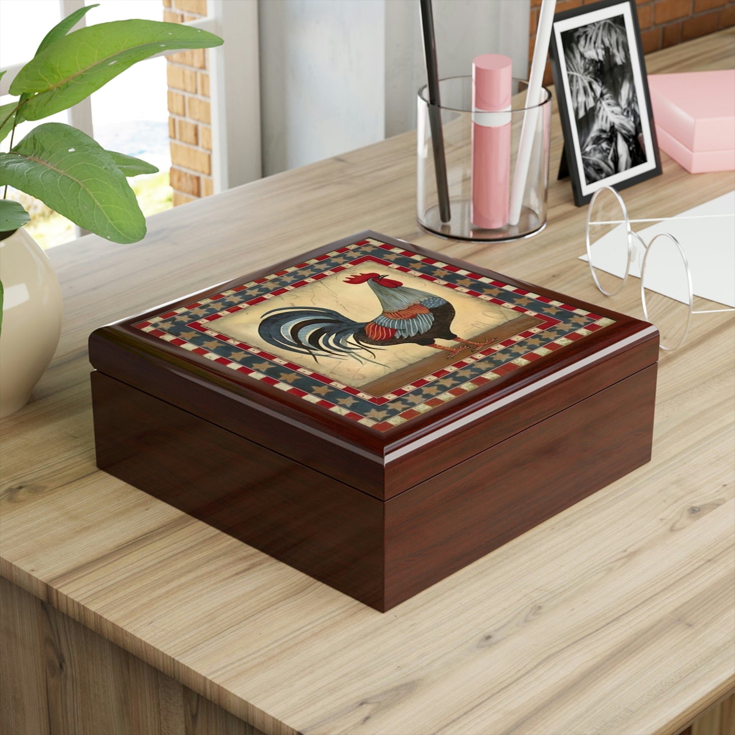 Rustic Folk Art Rooster Pattern Design Wooden Keepsake Jewelry Box