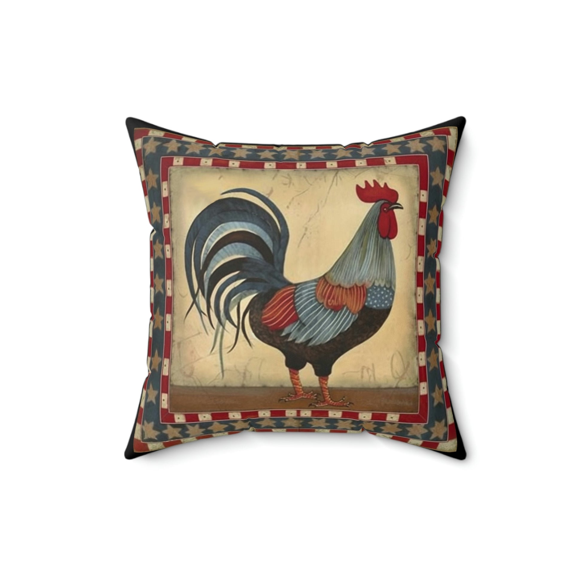 Rustic Folk Art Rooster with Border Design Square Pillow - Cottagecore Country Farm Style Gift for Yourself or Loved Ones