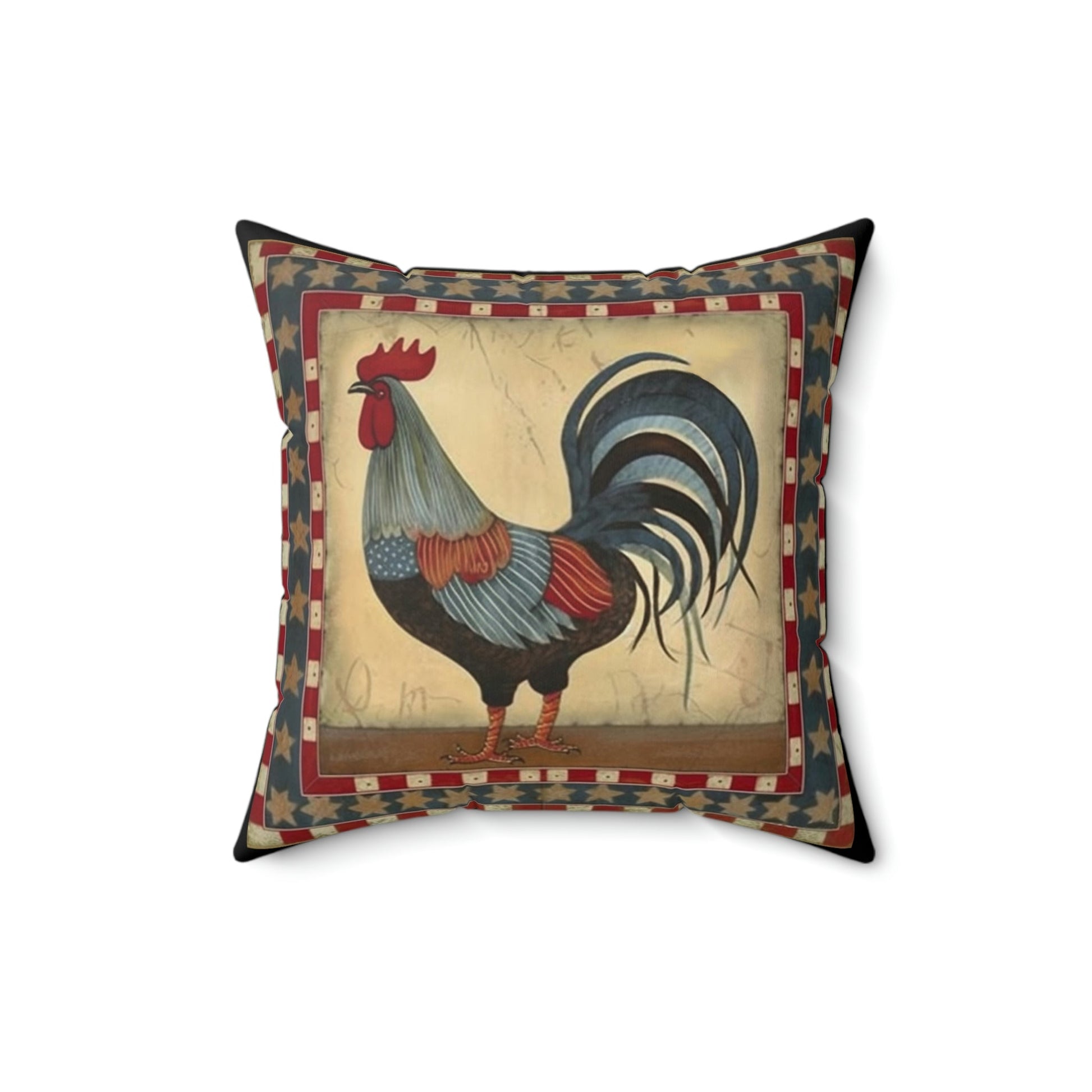 Rustic Folk Art Rooster with Border Design Square Pillow - Cottagecore Country Farm Style Gift for Yourself or Loved Ones