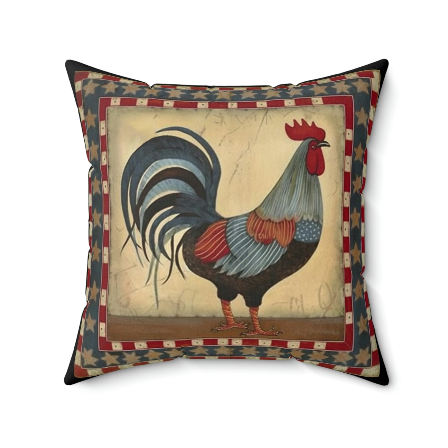 Rustic Folk Art Rooster with Border Design Square Pillow - Cottagecore Country Farm Style Gift for Yourself or Loved Ones