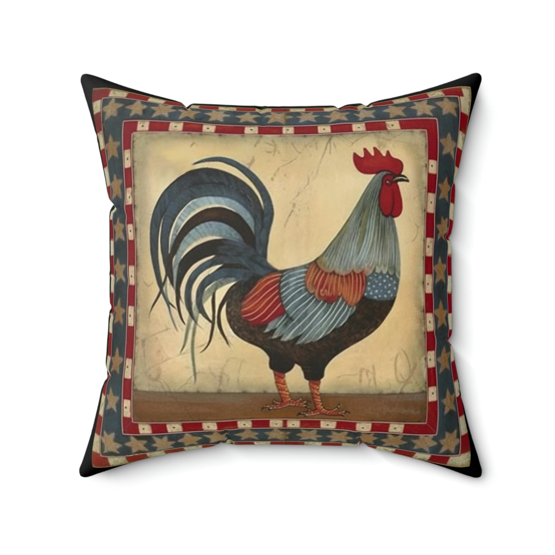 Rustic Folk Art Rooster with Border Design Square Pillow - Cottagecore Country Farm Style Gift for Yourself or Loved Ones