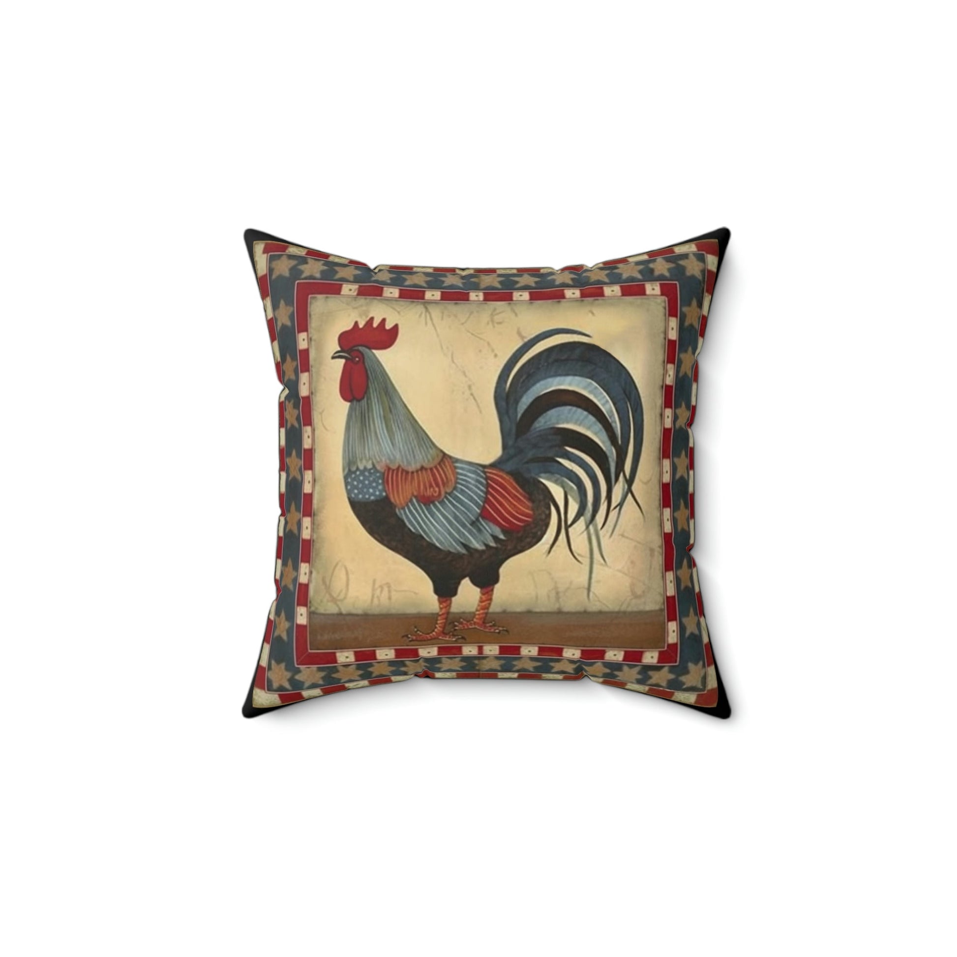 Rustic Folk Art Rooster with Border Design Square Pillow - Cottagecore Country Farm Style Gift for Yourself or Loved Ones