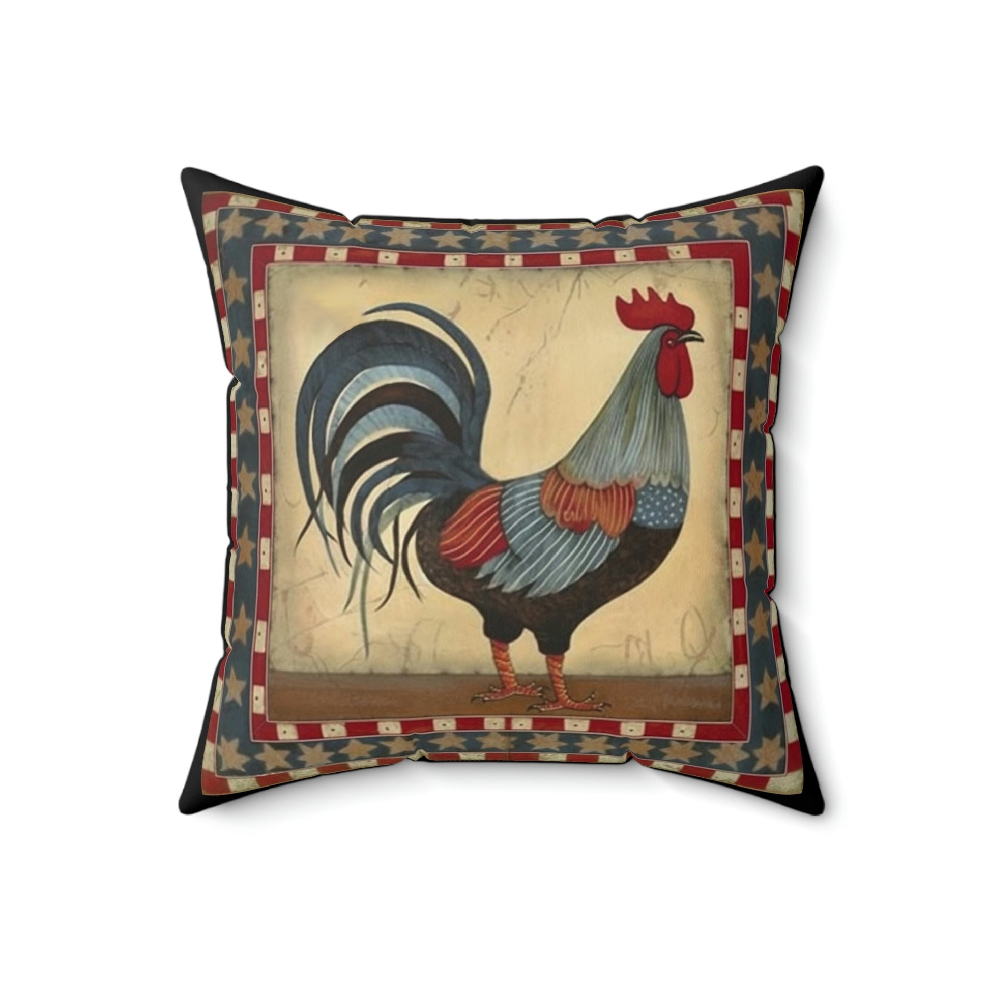 Rustic Folk Art Rooster with Border Design Square Pillow - Cottagecore Country Farm Style Gift for Yourself or Loved Ones