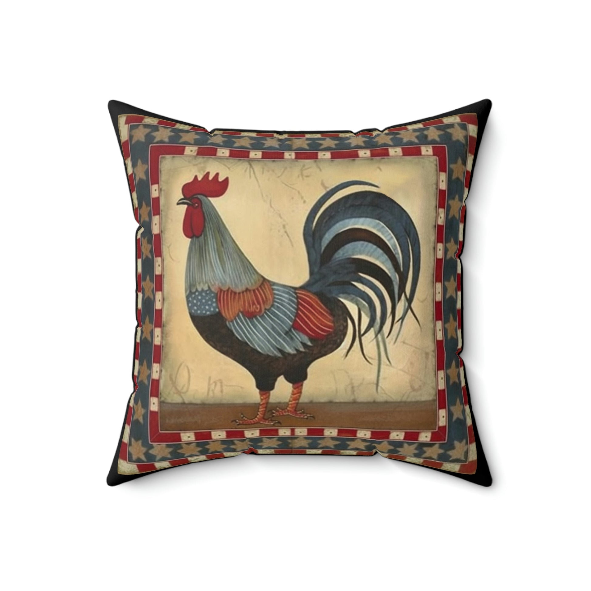 Rustic Folk Art Rooster with Border Design Square Pillow - Cottagecore Country Farm Style Gift for Yourself or Loved Ones