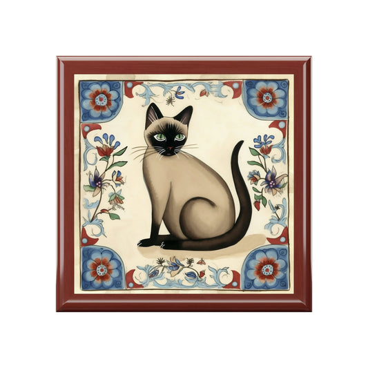 Rustic Folk Art Siamese Cat Design Wooden Keepsake Jewelry Box