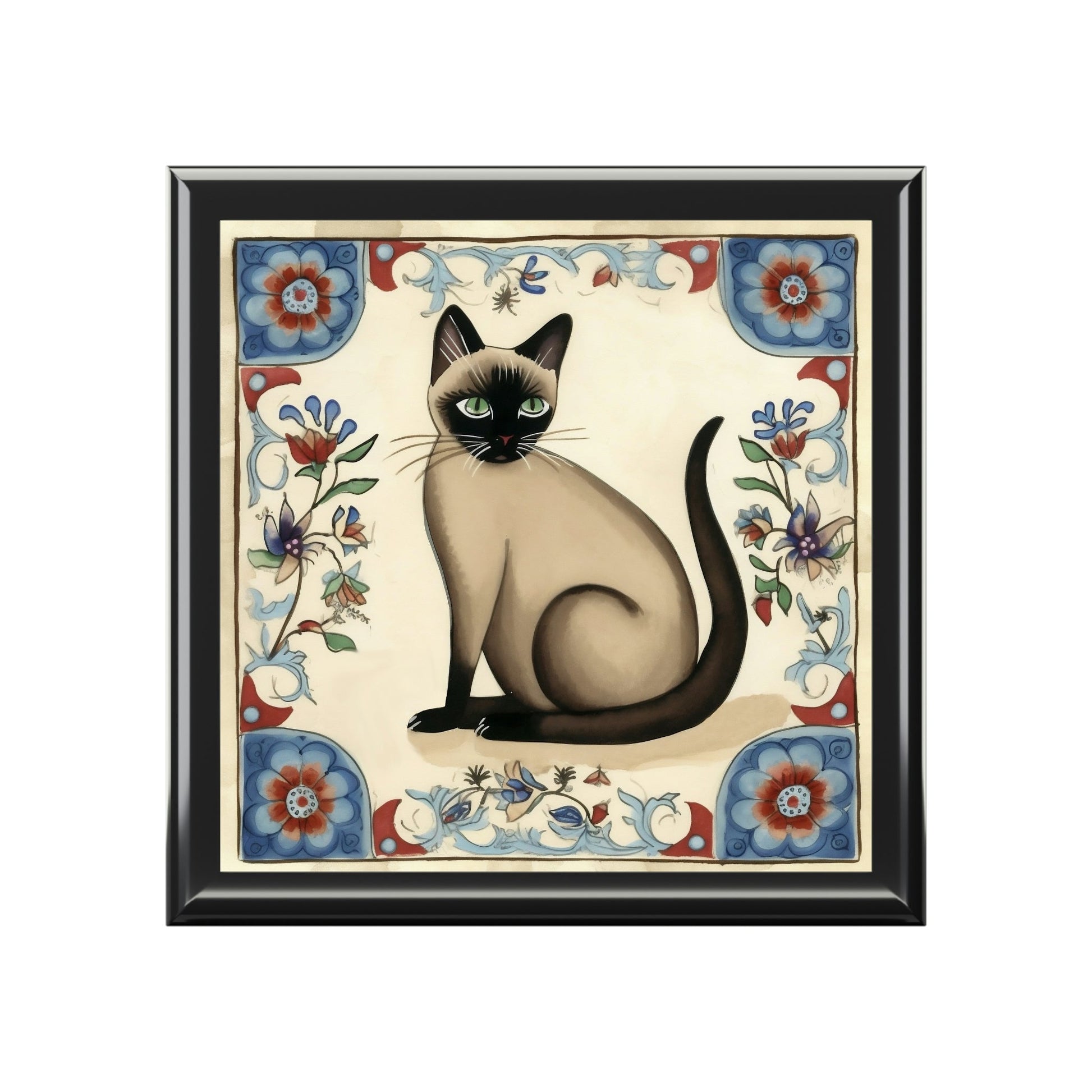 Rustic Folk Art Siamese Cat Design Wooden Keepsake Jewelry Box