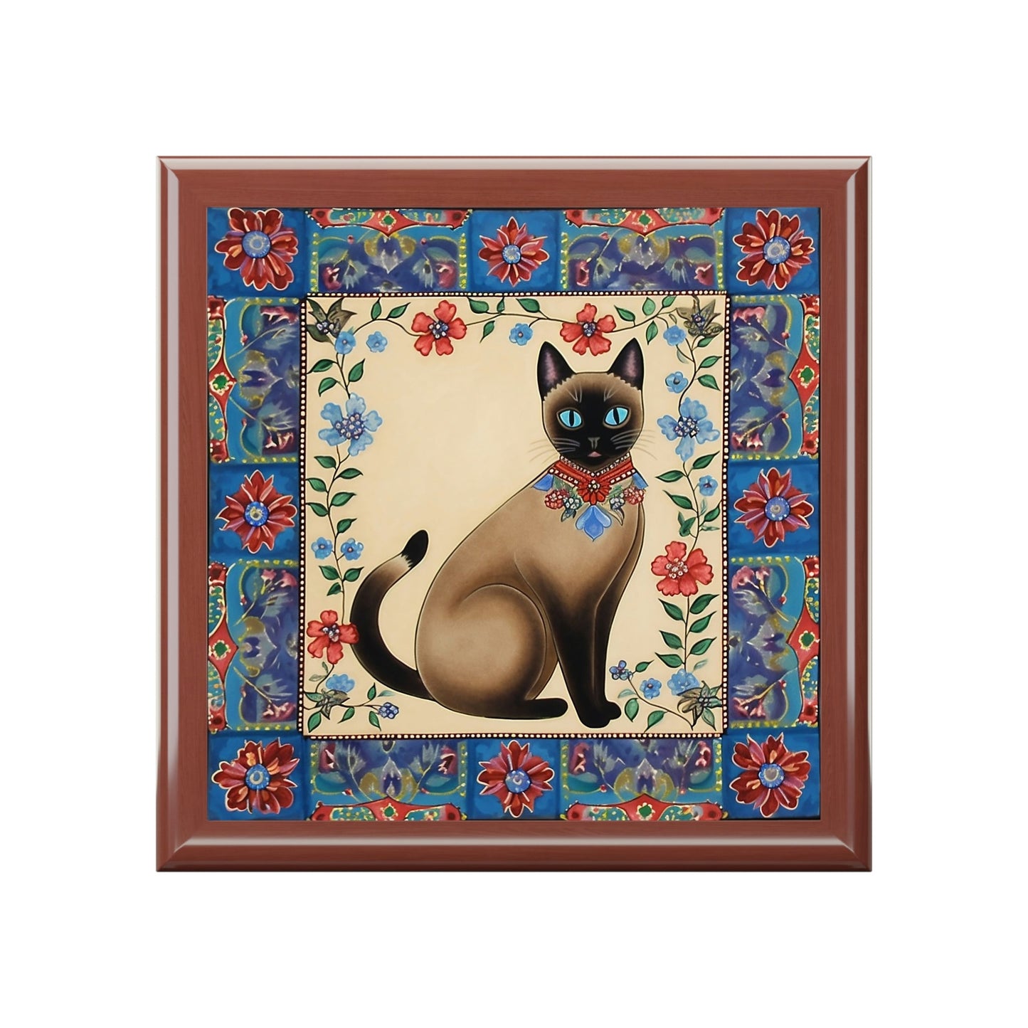 Rustic Folk Art Siamese Cat with Border Design Wooden Keepsake Jewelry Box