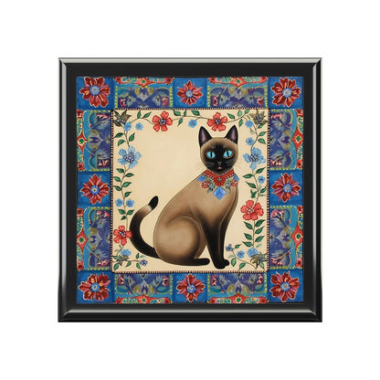 Rustic Folk Art Siamese Cat with Border Design Wooden Keepsake Jewelry Box