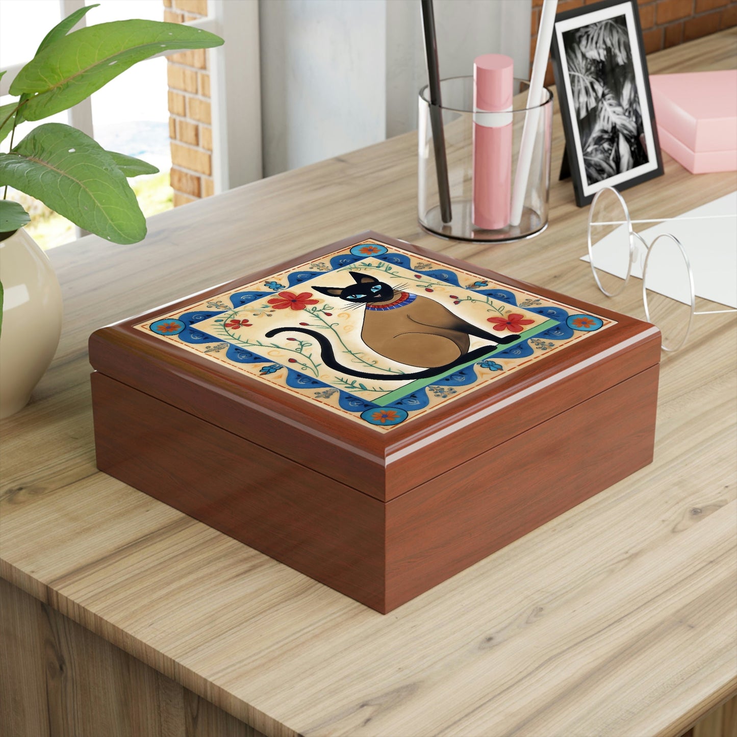 Rustic Folk Art Siamese Cat with Floral Border Design Wooden Keepsake Jewelry Box