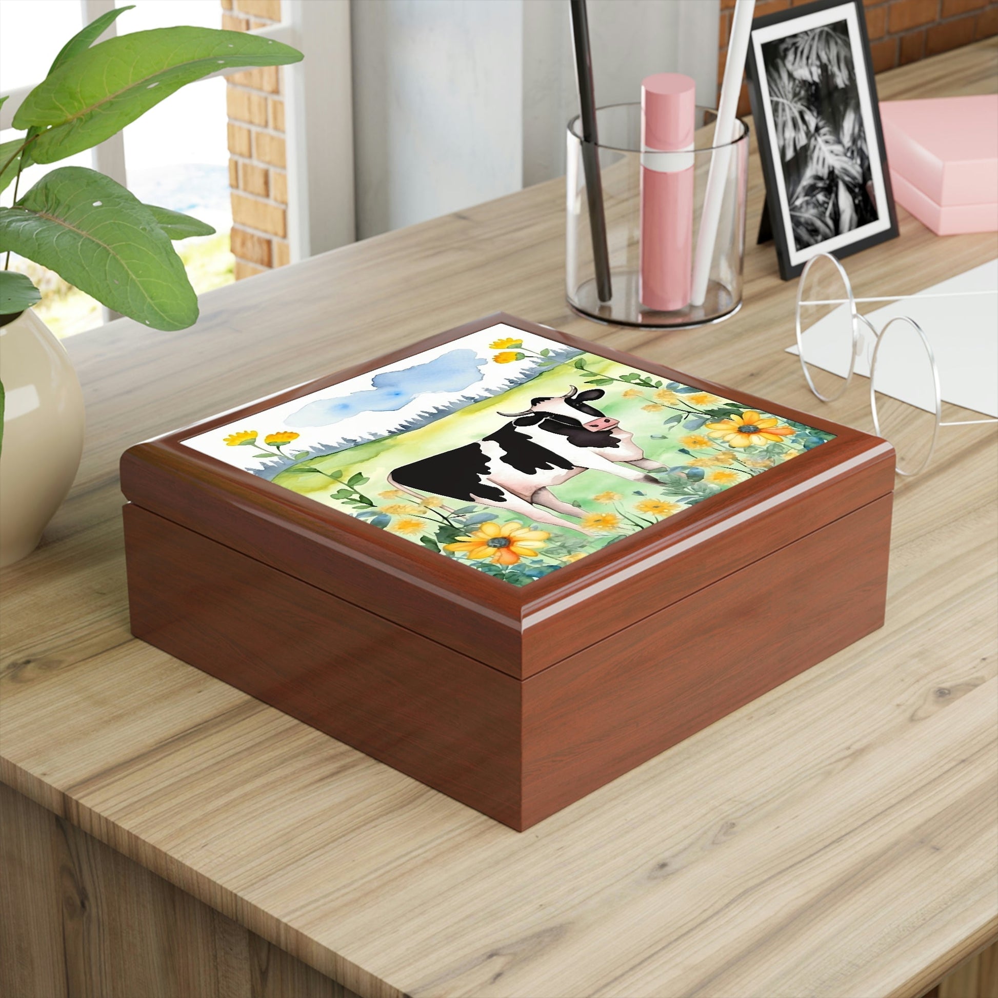 Rustic Folk Art Watercolor Holstein Cow Design Wooden Keepsake Jewelry Box