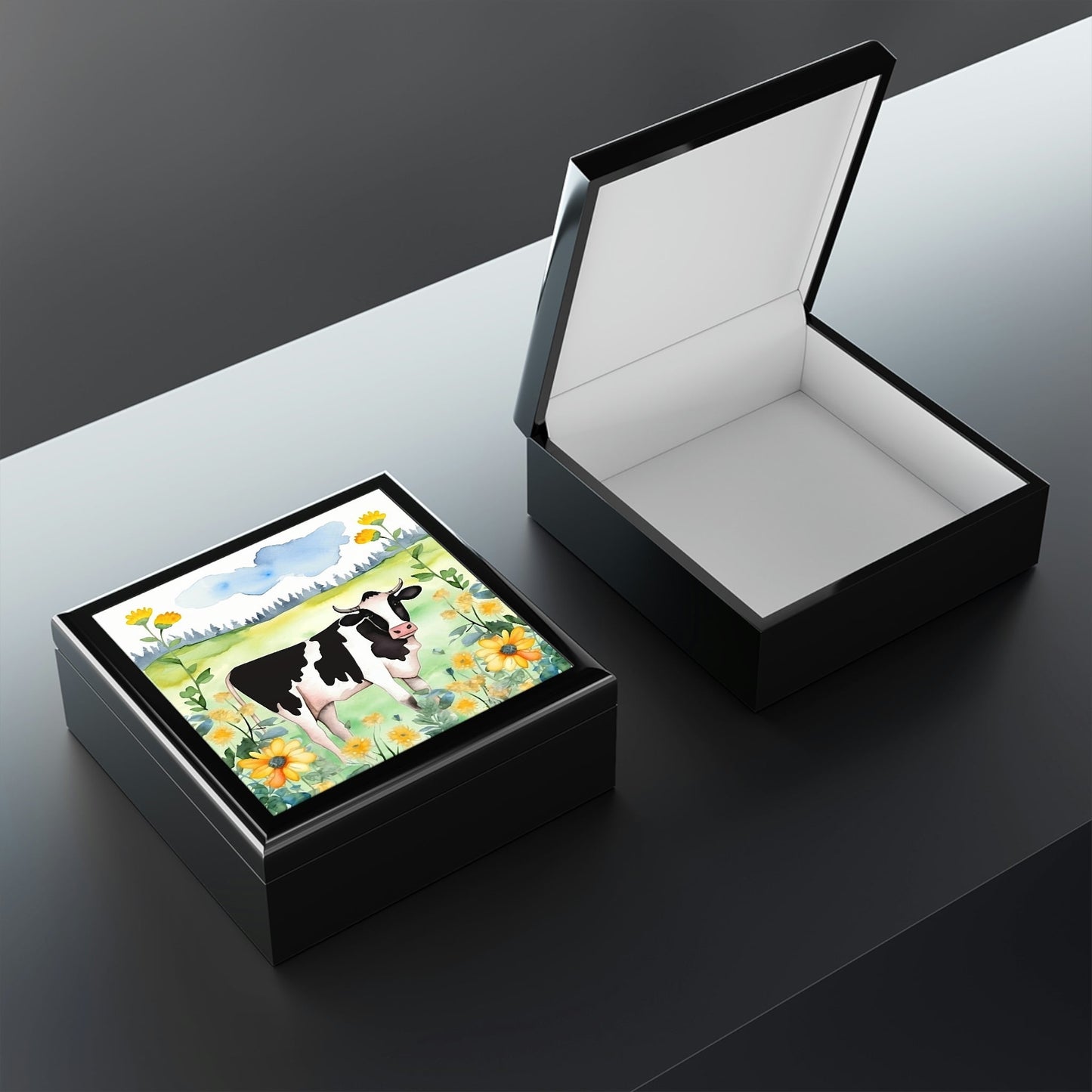 Rustic Folk Art Watercolor Holstein Cow Design Wooden Keepsake Jewelry Box