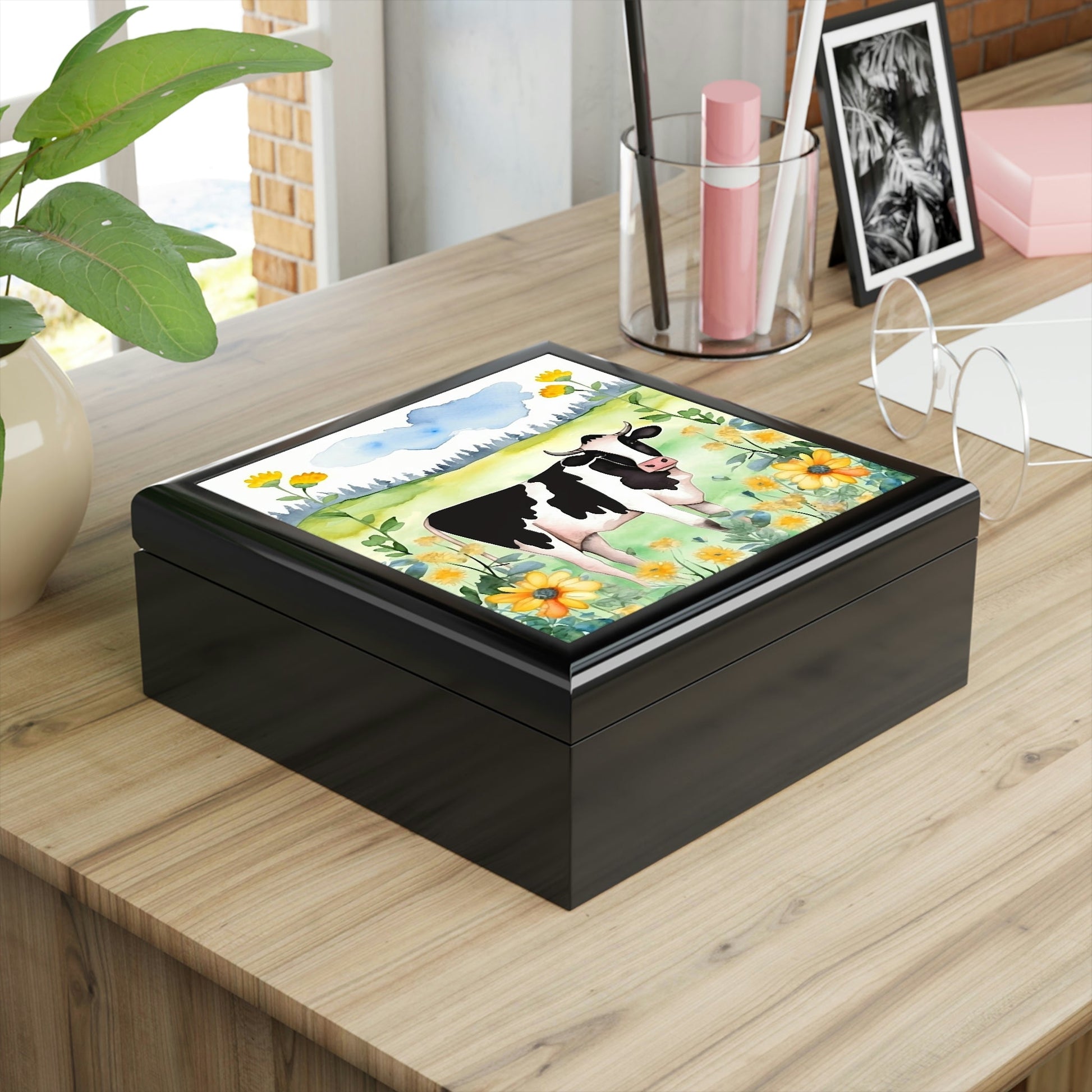 Rustic Folk Art Watercolor Holstein Cow Design Wooden Keepsake Jewelry Box