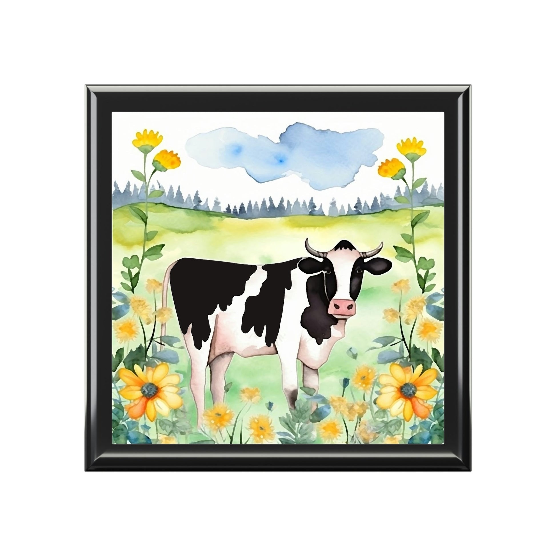Rustic Folk Art Watercolor Holstein Cow Design Wooden Keepsake Jewelry Box
