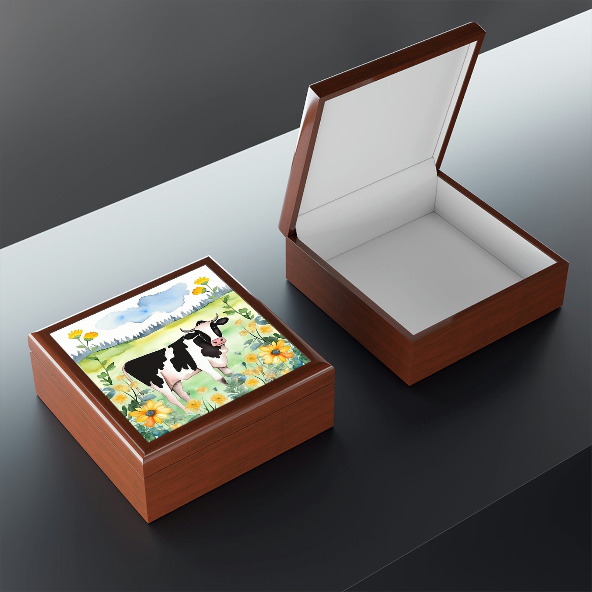 Rustic Folk Art Watercolor Holstein Cow Design Wooden Keepsake Jewelry Box