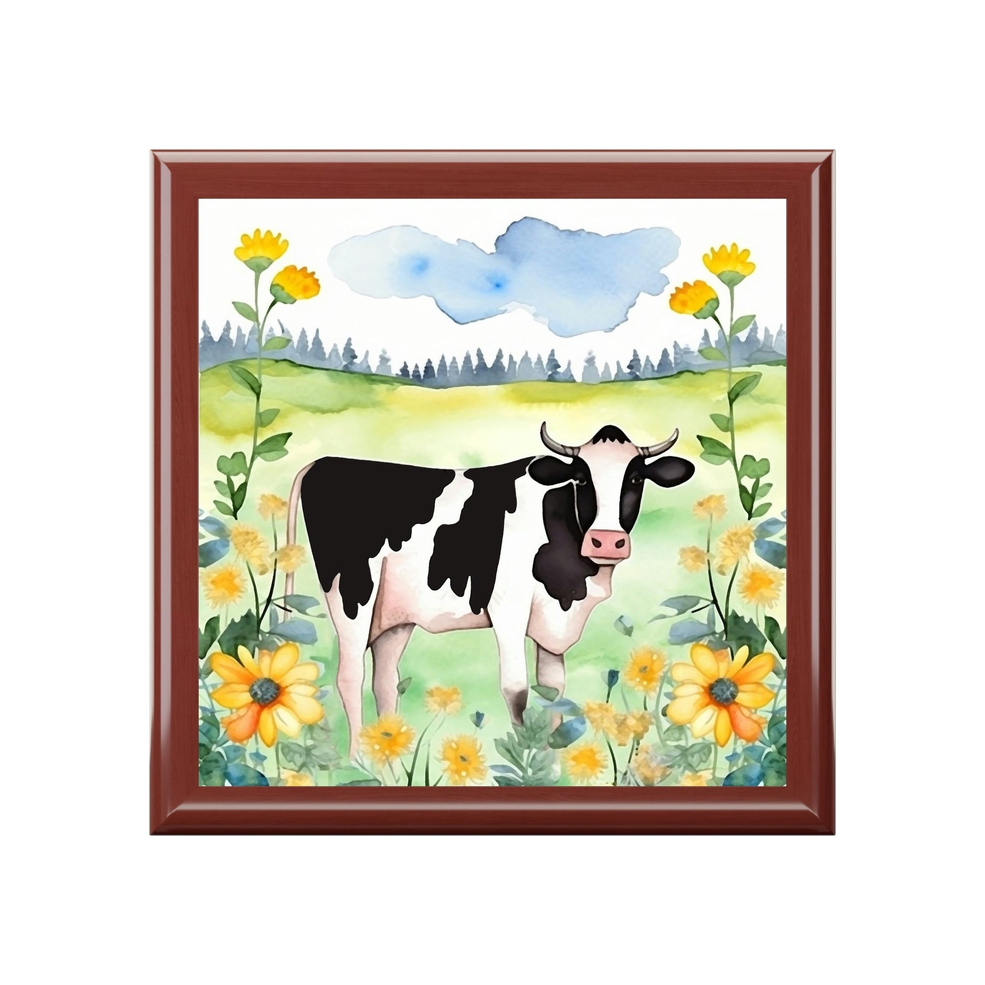 Rustic Folk Art Watercolor Holstein Cow Design Wooden Keepsake Jewelry Box